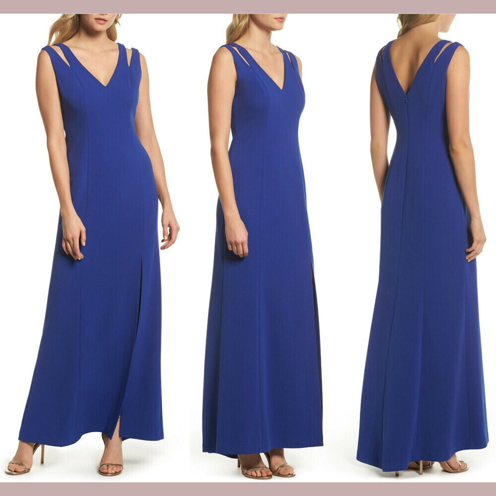 Vince Camuto Cutout Shoulder Crepe Sleeveless Gown Dress Blue Size 12 $290
